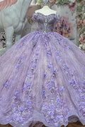 Off Shoulder Sleeveless Beaded 3D Flower Appliques Lilac Quinceañera Dress YQ1121