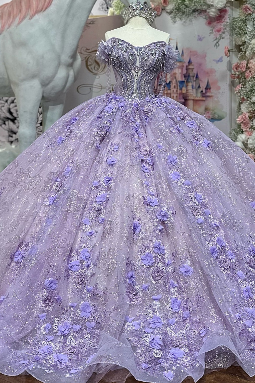 Off Shoulder Sleeveless Beaded 3D Flower Appliques Lilac Quinceañera Dress YQ1121