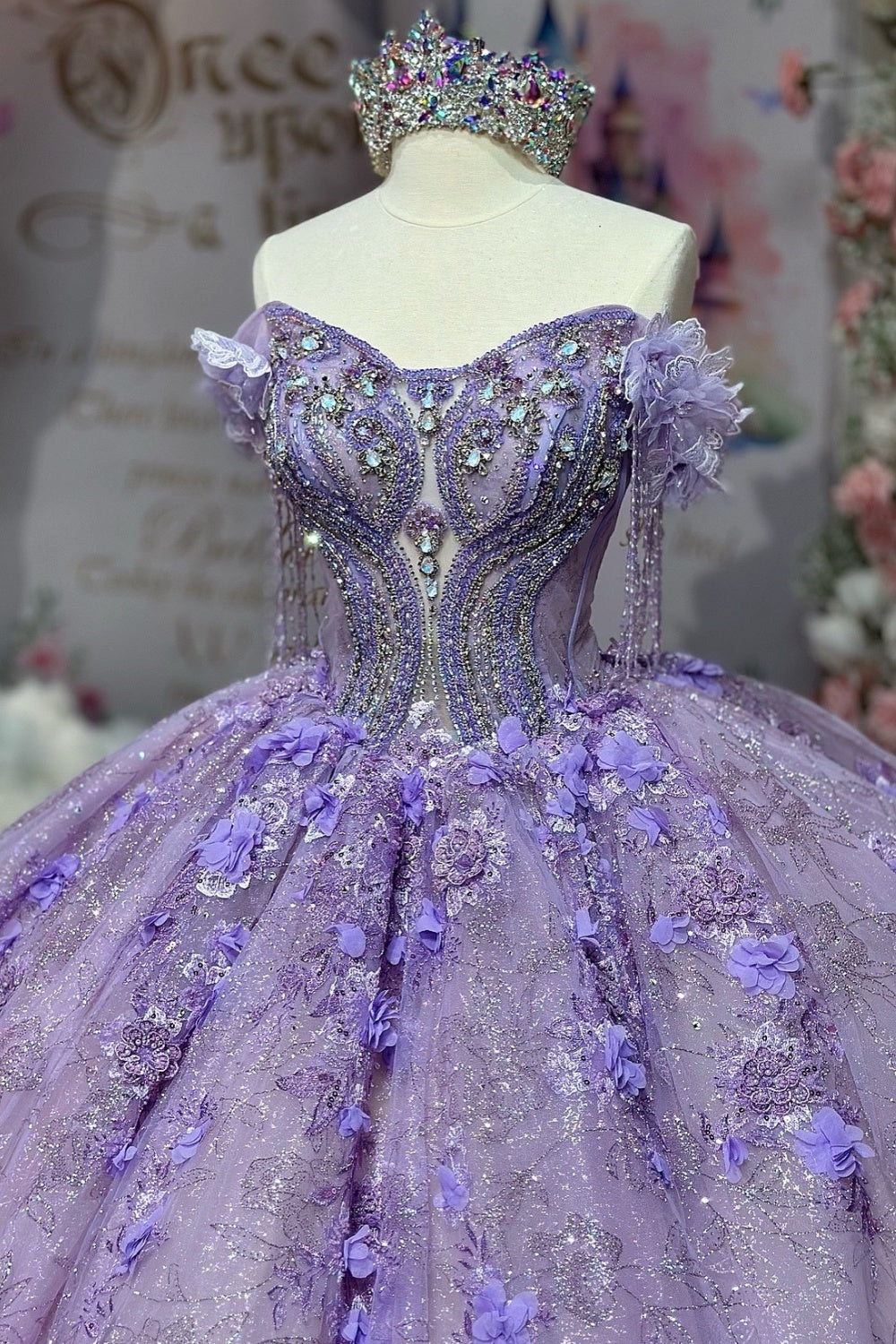 Off Shoulder Sleeveless Beaded 3D Flower Appliques Lilac Quinceañera Dress YQ1121