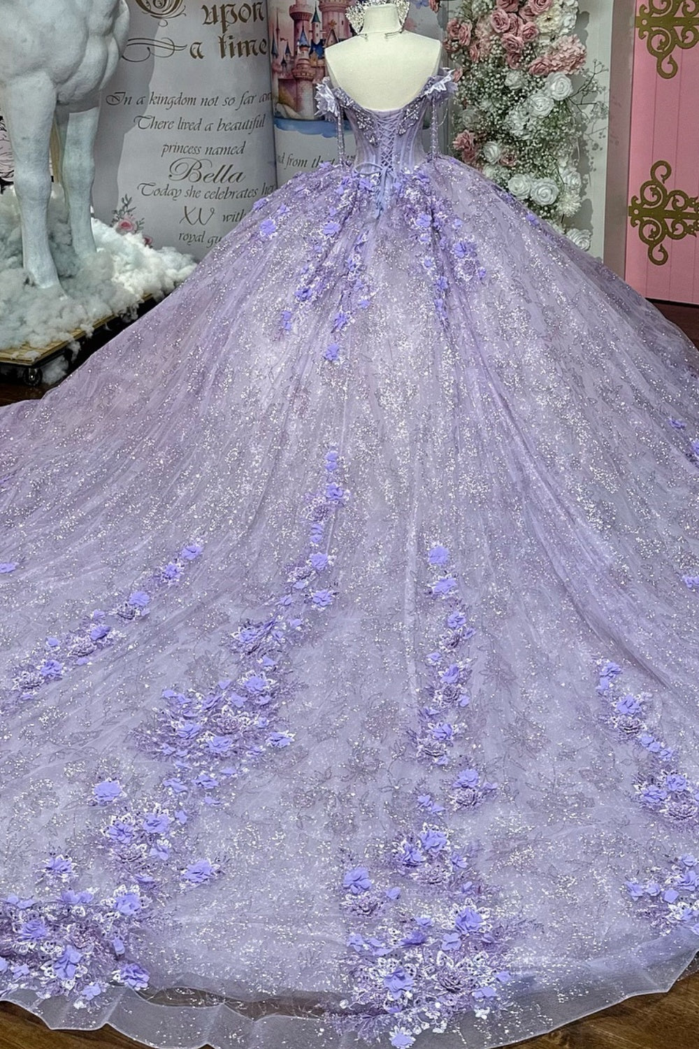 Off Shoulder Sleeveless Beaded 3D Flower Appliques Lilac Quinceañera Dress YQ1121