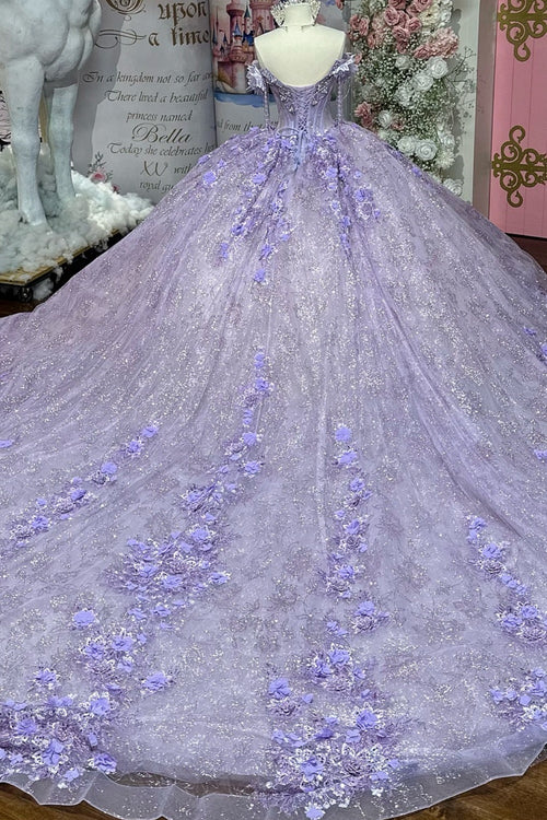 Off Shoulder Sleeveless Beaded 3D Flower Appliques Lilac Quinceañera Dress YQ1121