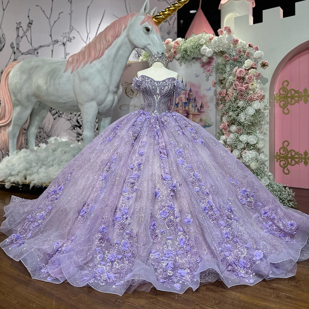 Off Shoulder Sleeveless Beaded 3D Flower Appliques Lilac Quinceañera Dress YQ1121