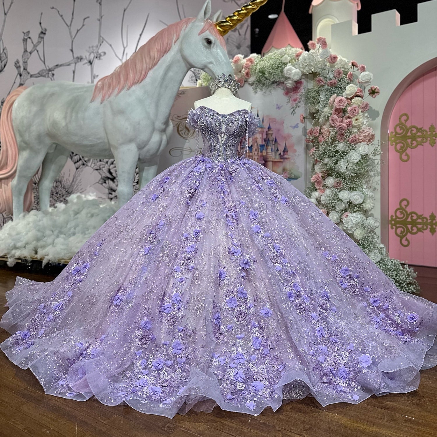 Off Shoulder Sleeveless Beaded 3D Flower Appliques Lilac Quinceañera Dress YQ1121