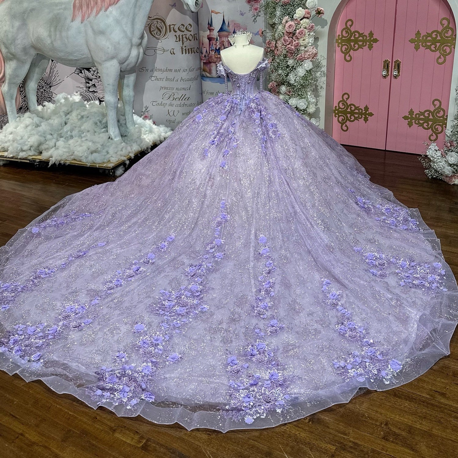 Off Shoulder Sleeveless Beaded 3D Flower Appliques Lilac Quinceañera Dress YQ1121