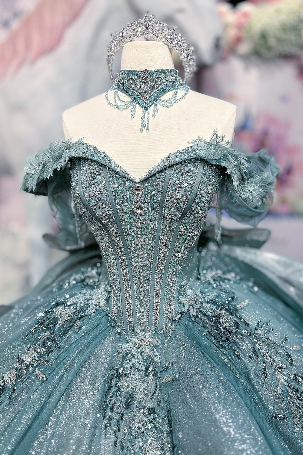 Off Shoulder Sleeveless Beaded 3D Flower Appliques Bow Knot Blue Glitter Quinceañera Dress YQ1122