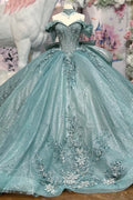 Off Shoulder Sleeveless Beaded 3D Flower Appliques Bow Knot Blue Glitter Quinceañera Dress YQ1122
