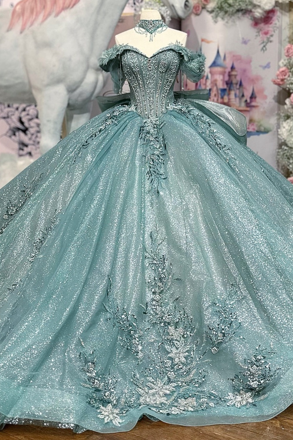 Off Shoulder Sleeveless Beaded 3D Flower Appliques Bow Knot Blue Glitter Quinceañera Dress YQ1122