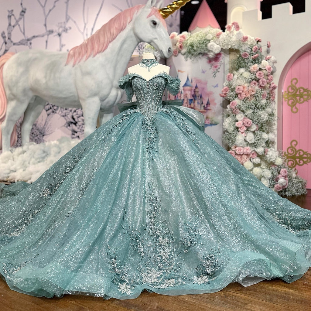 Off Shoulder Sleeveless Beaded 3D Flower Appliques Bow Knot Blue Glitter Quinceañera Dress YQ1122