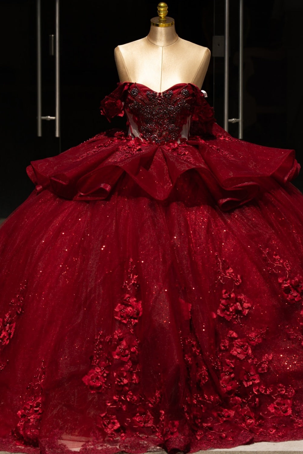 Off Shoulder Sleeveless 3D Flower Appliques Beaded Ruffles Burgundy Quinceañera Dress YQ1123