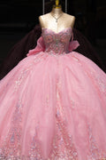 Off Shoulder Sleeveless Beaded Appliques Bow Knot Pink Quinceañera Dress YQ1124