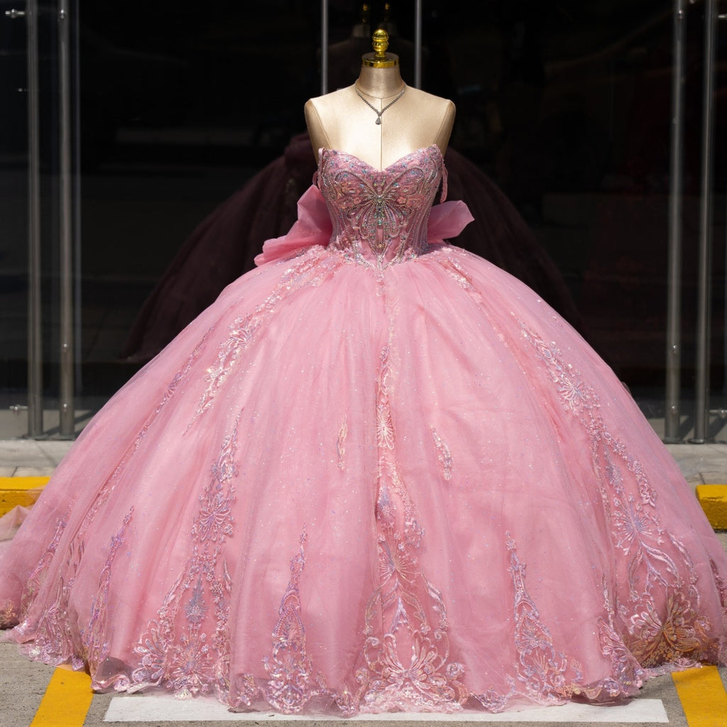 Off Shoulder Sleeveless Beaded Appliques Bow Knot Pink Quinceañera Dress YQ1124