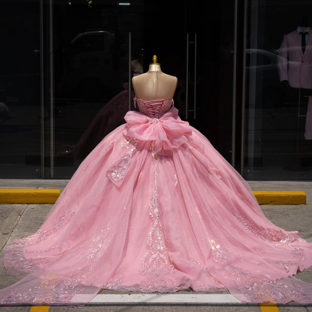 Off Shoulder Sleeveless Beaded Appliques Bow Knot Pink Quinceañera Dress YQ1124