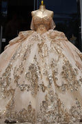 Vestido de Quinceañera Azul Marino con Lentejuelas, Apliques de Cuentas, Brillos y Escote Bardot YQ1055