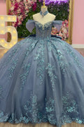 Off Shoulder Sleeveless Beaded Appliques Tiered Bow Knot Blue Quinceañera Dress YQ1127