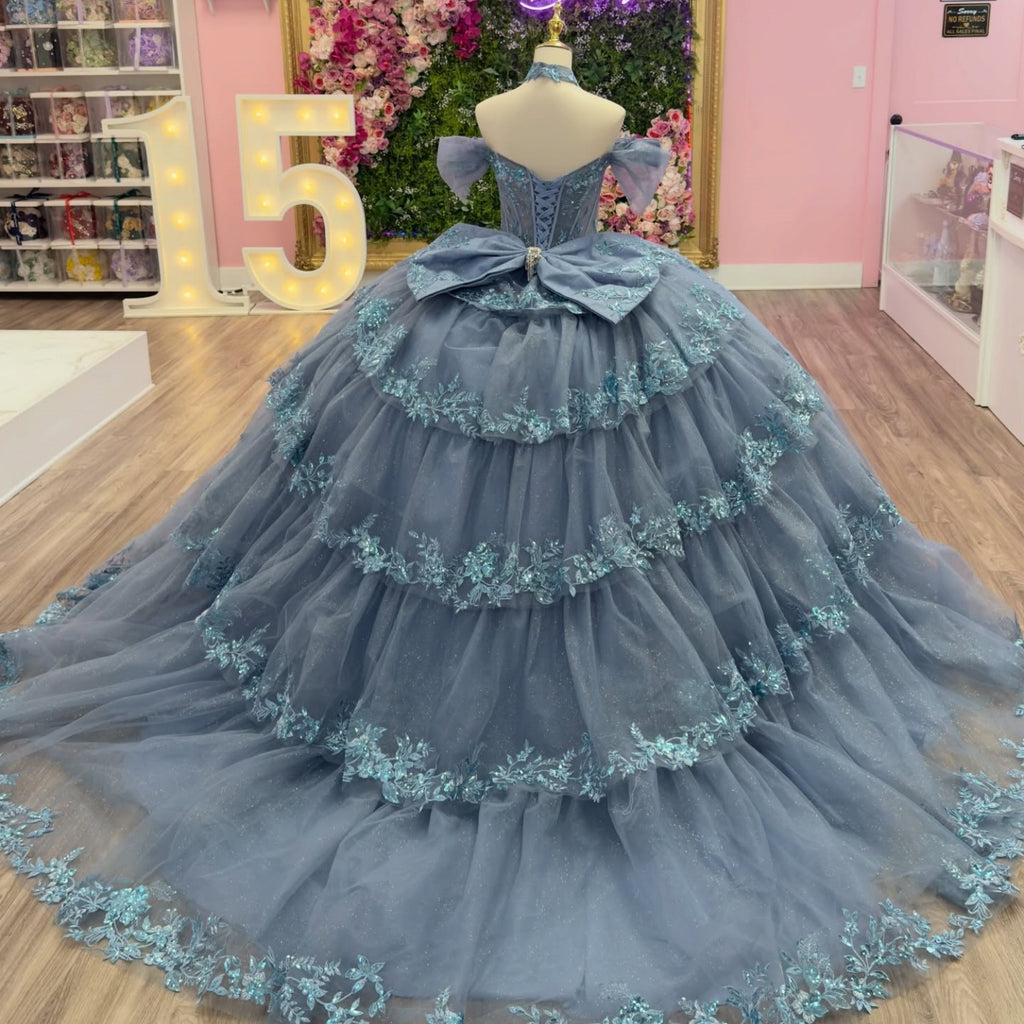 Off Shoulder Sleeveless Beaded Appliques Tiered Bow Knot Blue Quinceañera Dress YQ1127