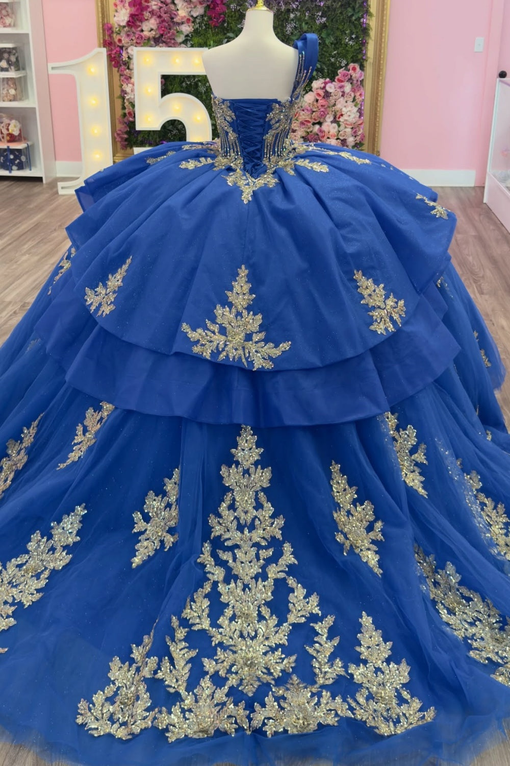 One Shoulder Sleeveless Beaded Sequins Appliques Ruffles Royal Blue Quinceañera Dress YQ1128