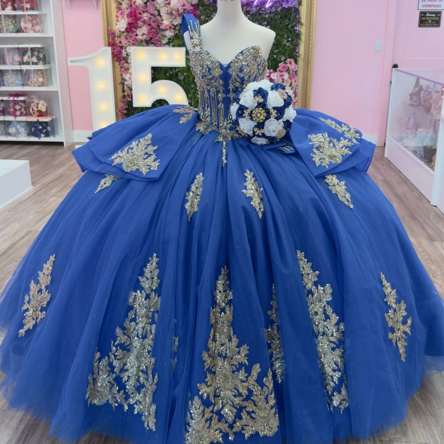 One Shoulder Sleeveless Beaded Sequins Appliques Ruffles Royal Blue Quinceañera Dress YQ1128