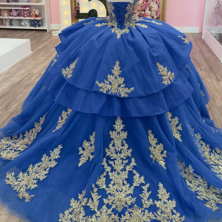 One Shoulder Sleeveless Beaded Sequins Appliques Ruffles Royal Blue Quinceañera Dress YQ1128
