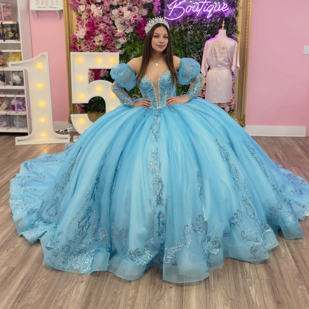 Vestido de Quinceañera Azul Marino con Lentejuelas, Apliques de Cuentas, Brillos y Escote Bardot YQ1055