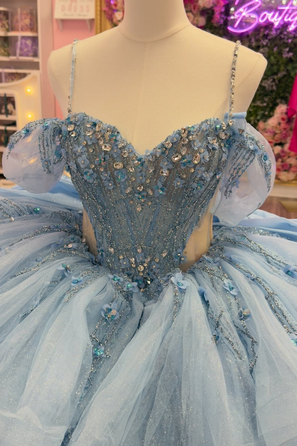 Off Shoulder Spaghetti Straps Sleeveless Beaded 3D Flower Appliques Bow Knot Haze Blue Quinceañera Dress YQ1132