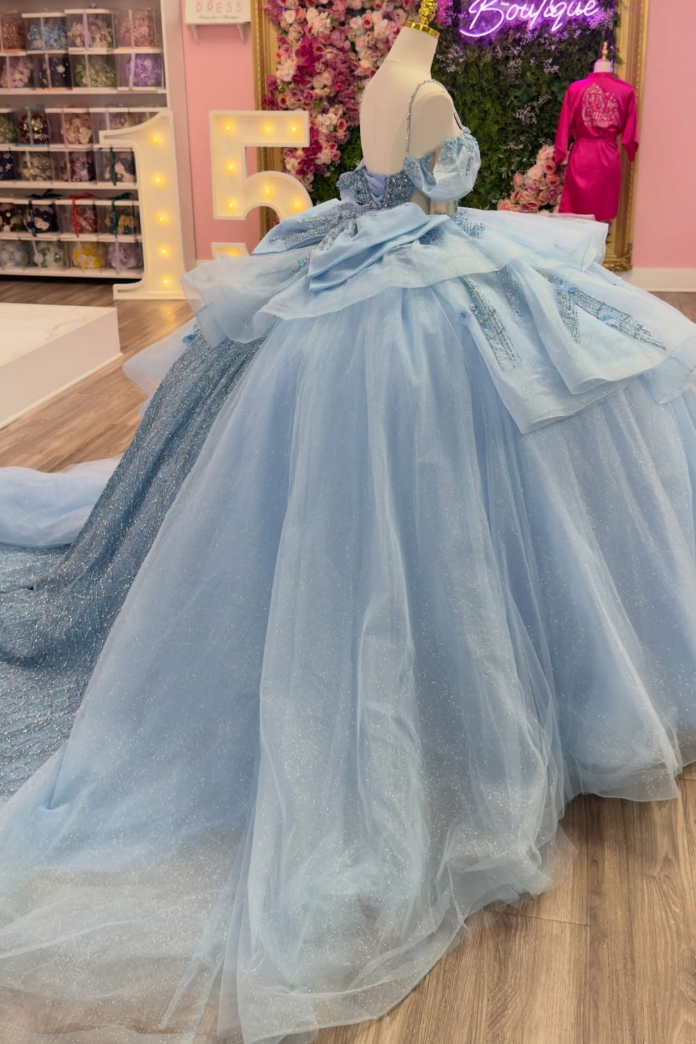 Off Shoulder Spaghetti Straps Sleeveless Beaded 3D Flower Appliques Bow Knot Haze Blue Quinceañera Dress YQ1132