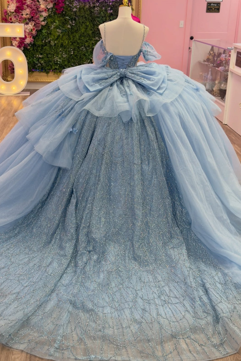 Off Shoulder Spaghetti Straps Sleeveless Beaded 3D Flower Appliques Bow Knot Haze Blue Quinceañera Dress YQ1132
