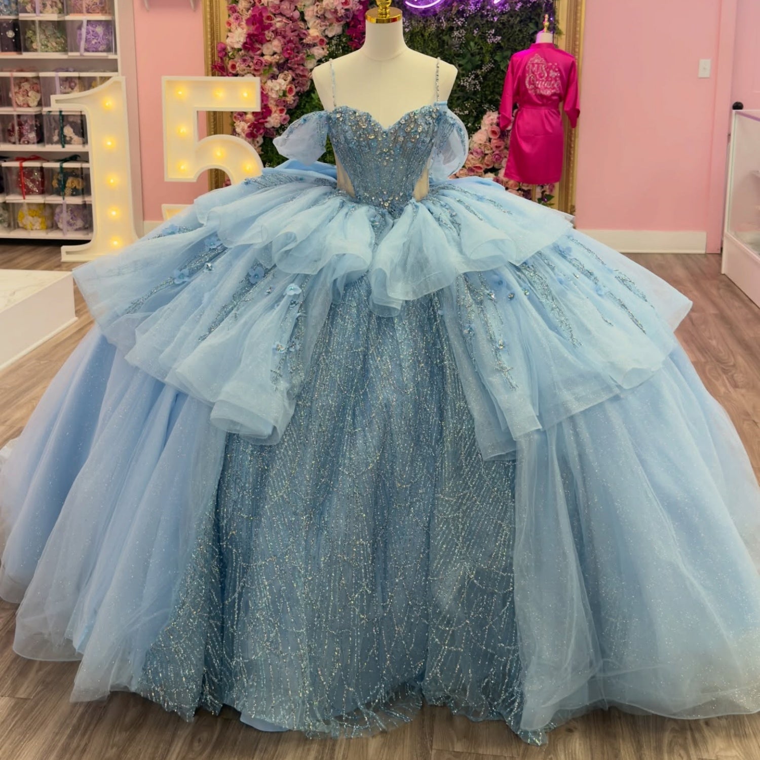 Off Shoulder Spaghetti Straps Sleeveless Beaded 3D Flower Appliques Bow Knot Haze Blue Quinceañera Dress YQ1132