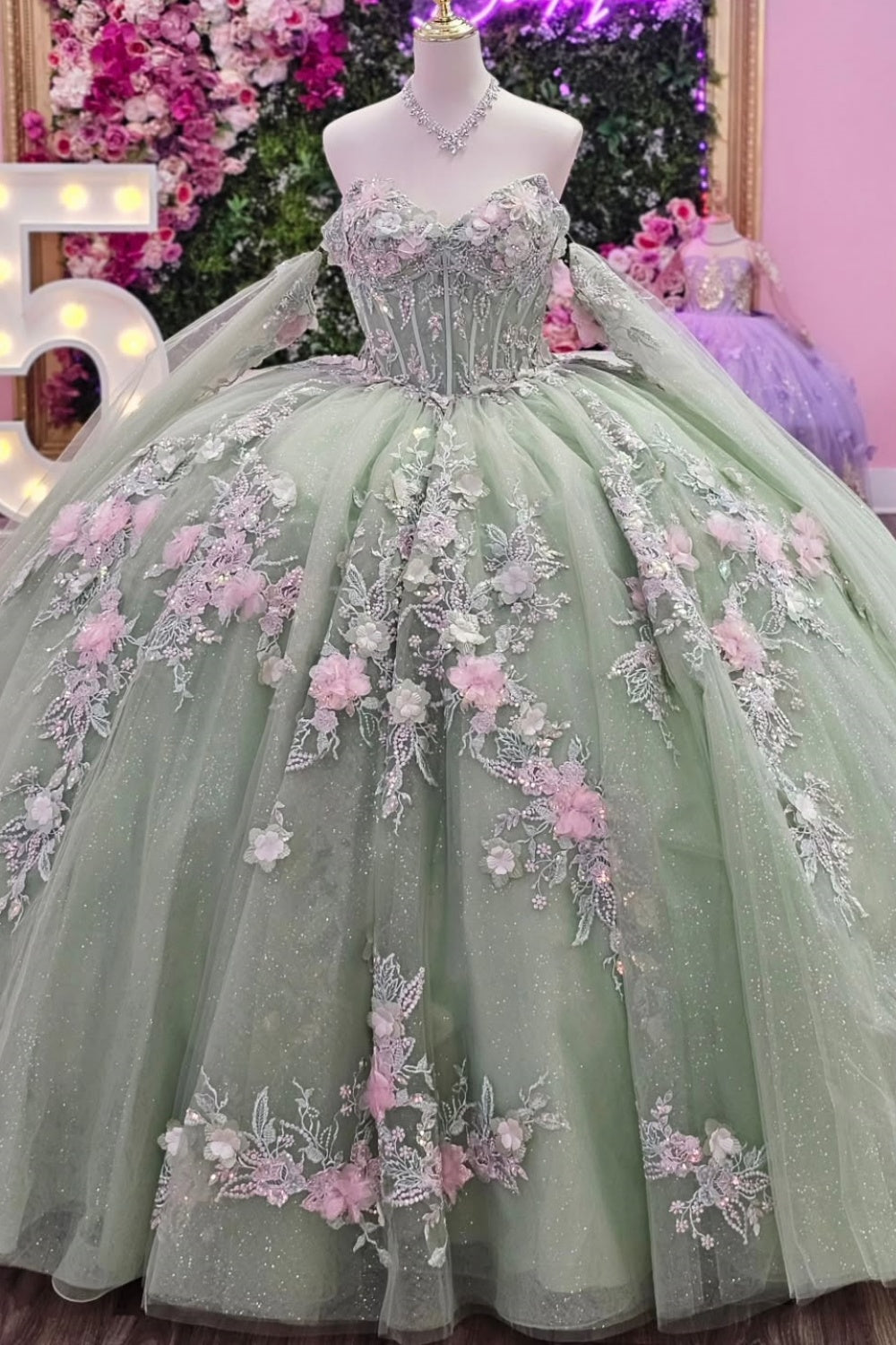 Off Shoulder Sleeveless 3D Flower Appliques Glitter Sage Green Quinceañera Dress YQ1133