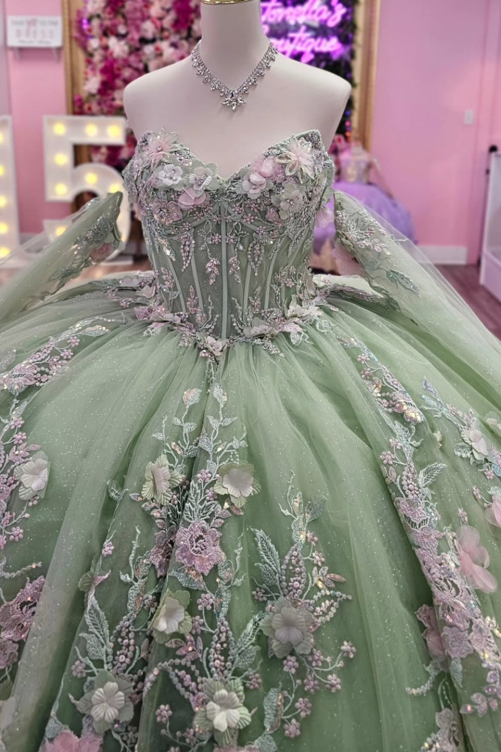 Off Shoulder Sleeveless 3D Flower Appliques Glitter Sage Green Quinceañera Dress YQ1133