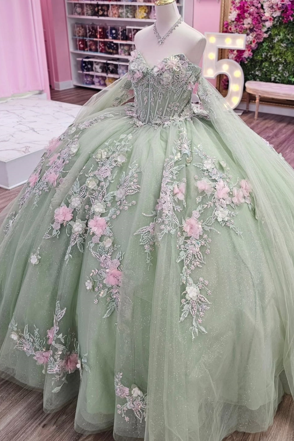 Off Shoulder Sleeveless 3D Flower Appliques Glitter Sage Green Quinceañera Dress YQ1133