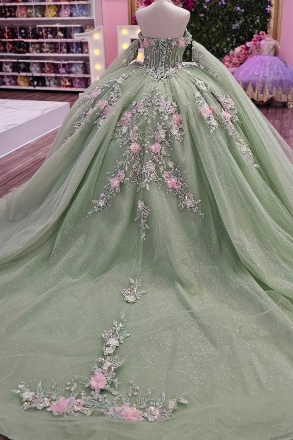 Off Shoulder Sleeveless 3D Flower Appliques Glitter Sage Green Quinceañera Dress YQ1133