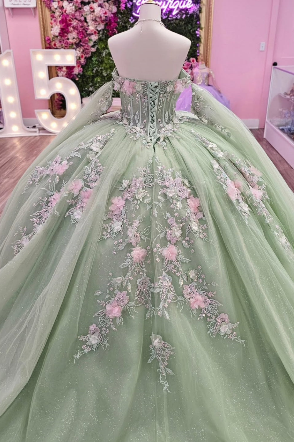 Off Shoulder Sleeveless 3D Flower Appliques Glitter Sage Green Quinceañera Dress YQ1133