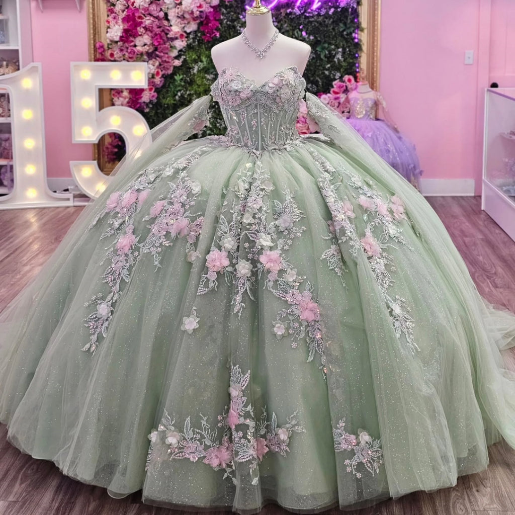 Off Shoulder Sleeveless 3D Flower Appliques Glitter Sage Green Quinceañera Dress YQ1133