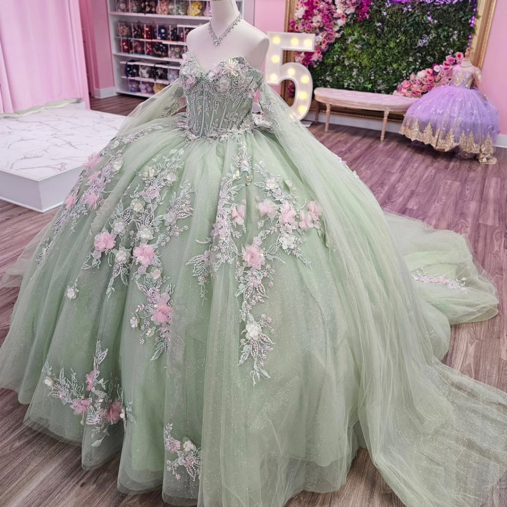 Off Shoulder Sleeveless 3D Flower Appliques Glitter Sage Green Quinceañera Dress YQ1133