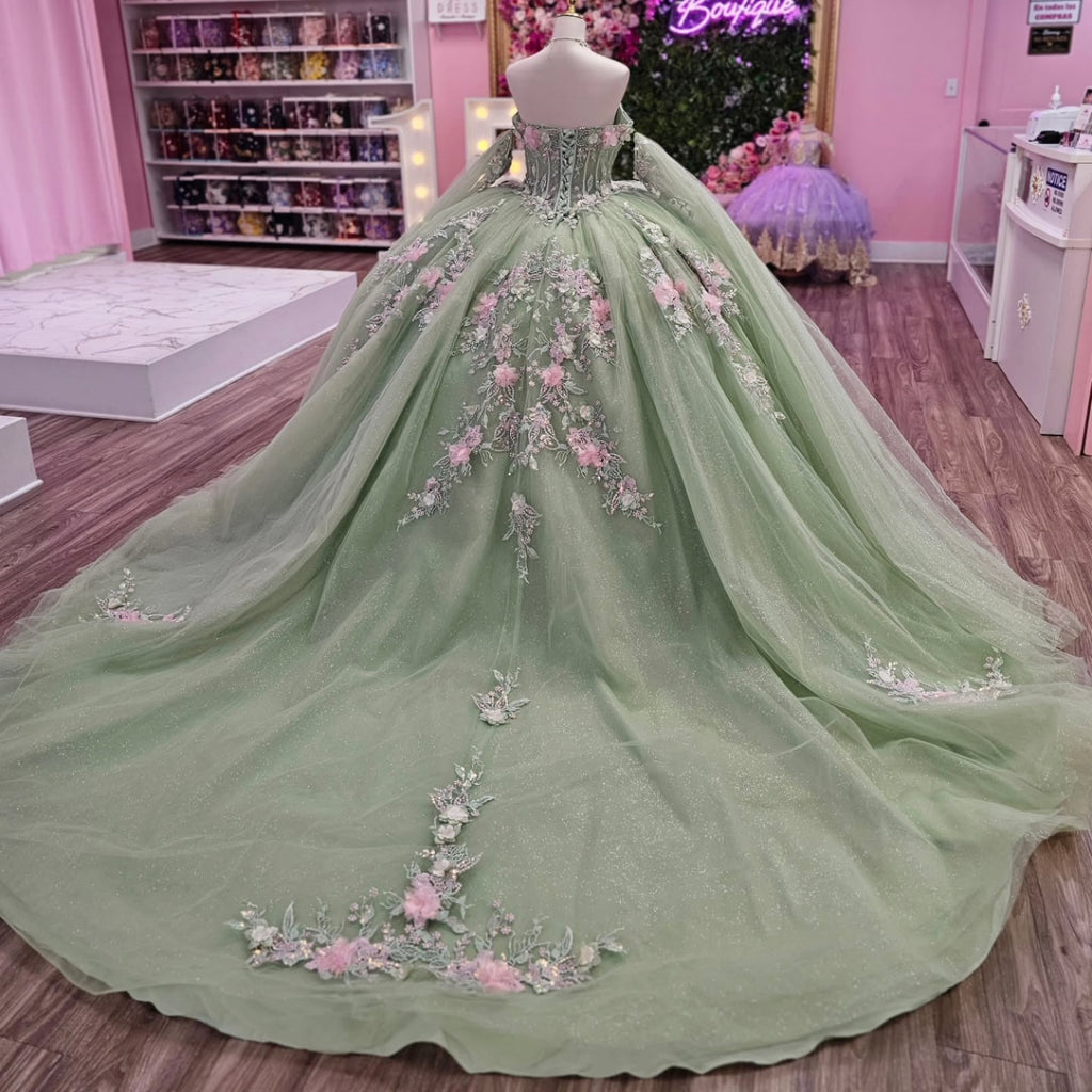 Off Shoulder Sleeveless 3D Flower Appliques Glitter Sage Green Quinceañera Dress YQ1133