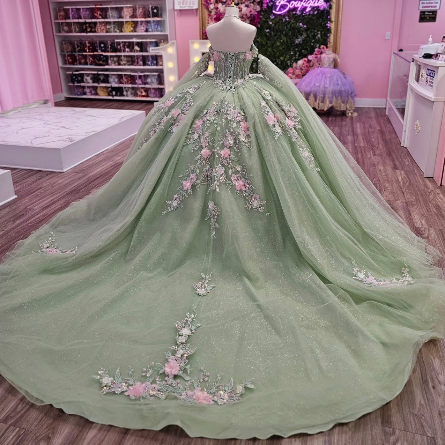 Off Shoulder Sleeveless 3D Flower Appliques Glitter Sage Green Quinceañera Dress YQ1133