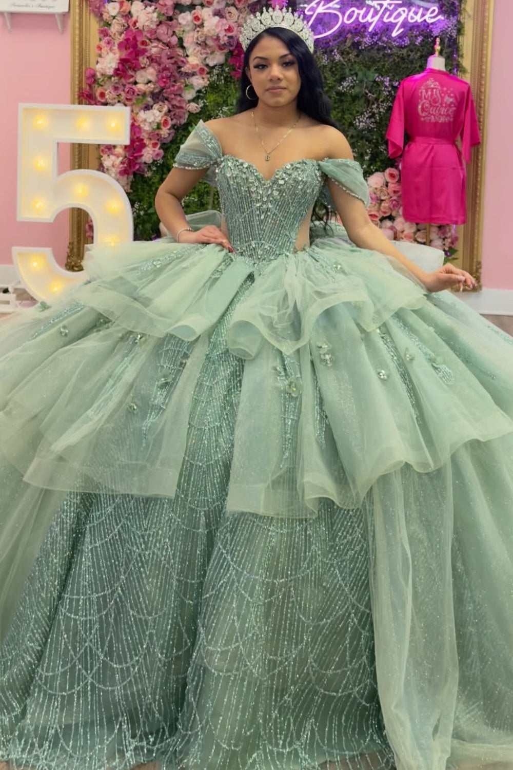 Off Shoulder Sleeveless Beaded Appliques Bow Knot Tiered Green Quinceañera Dress YQ1134