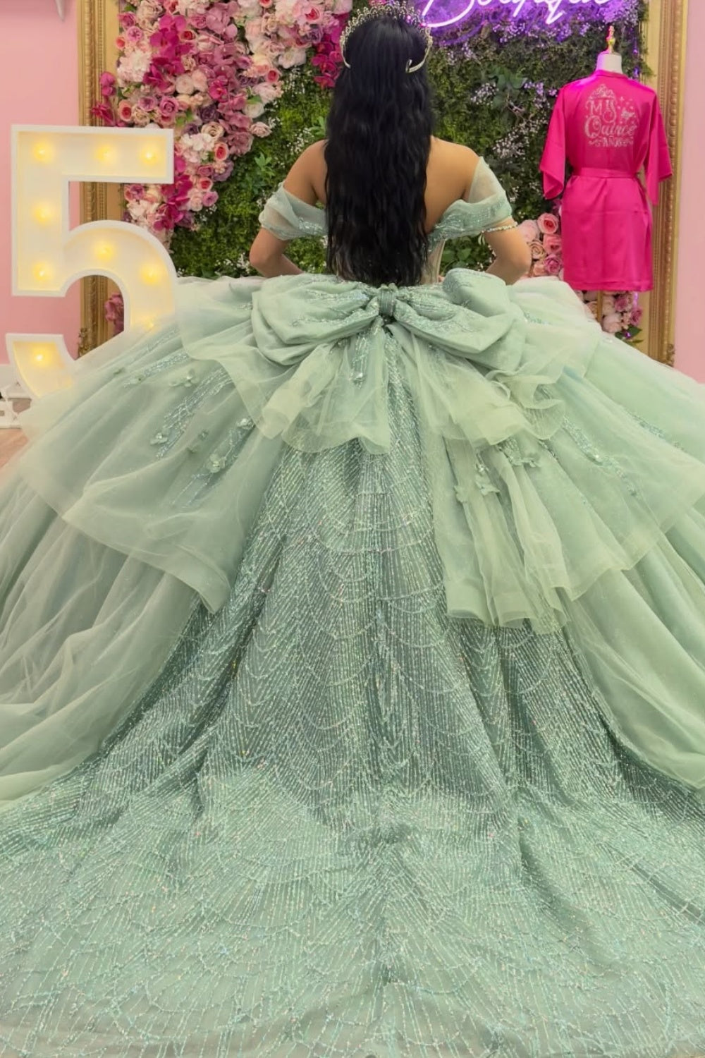 Off Shoulder Sleeveless Beaded Appliques Bow Knot Tiered Green Quinceañera Dress YQ1134