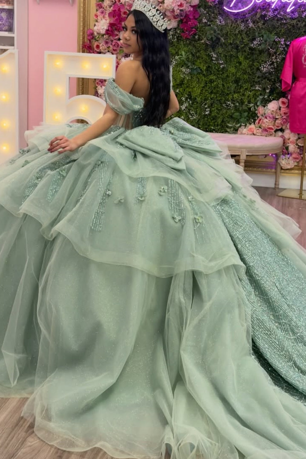 Off Shoulder Sleeveless Beaded Appliques Bow Knot Tiered Green Quinceañera Dress YQ1134