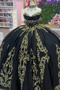 Off Shoulder Sleeveless Beaded Gold Sequins Appliques Black Quinceañera Dress YQ1135