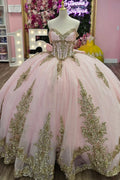 Off Shoulder Sleeveless Beaded Gold Appliques Bow Knot Pink Quinceañera Dress YQ1137