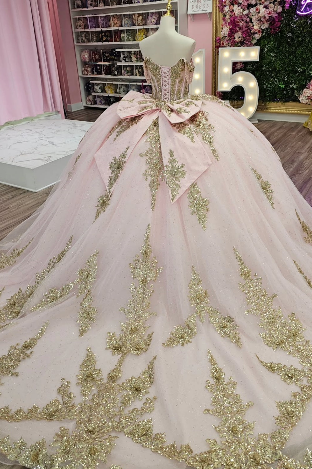 Off Shoulder Sleeveless Beaded Gold Appliques Bow Knot Pink Quinceañera Dress YQ1137