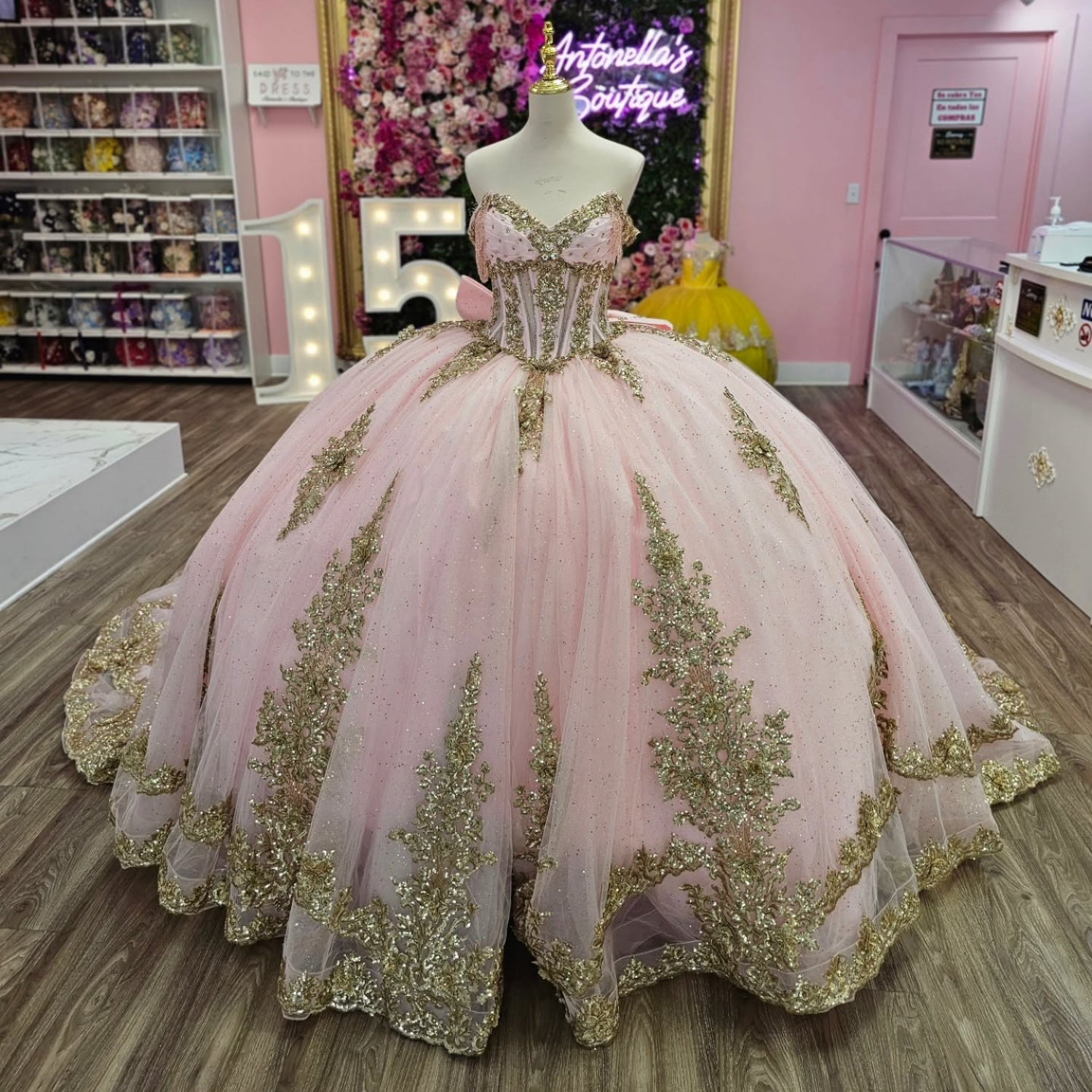 Off Shoulder Sleeveless Beaded Gold Appliques Bow Knot Pink Quinceañera Dress YQ1137