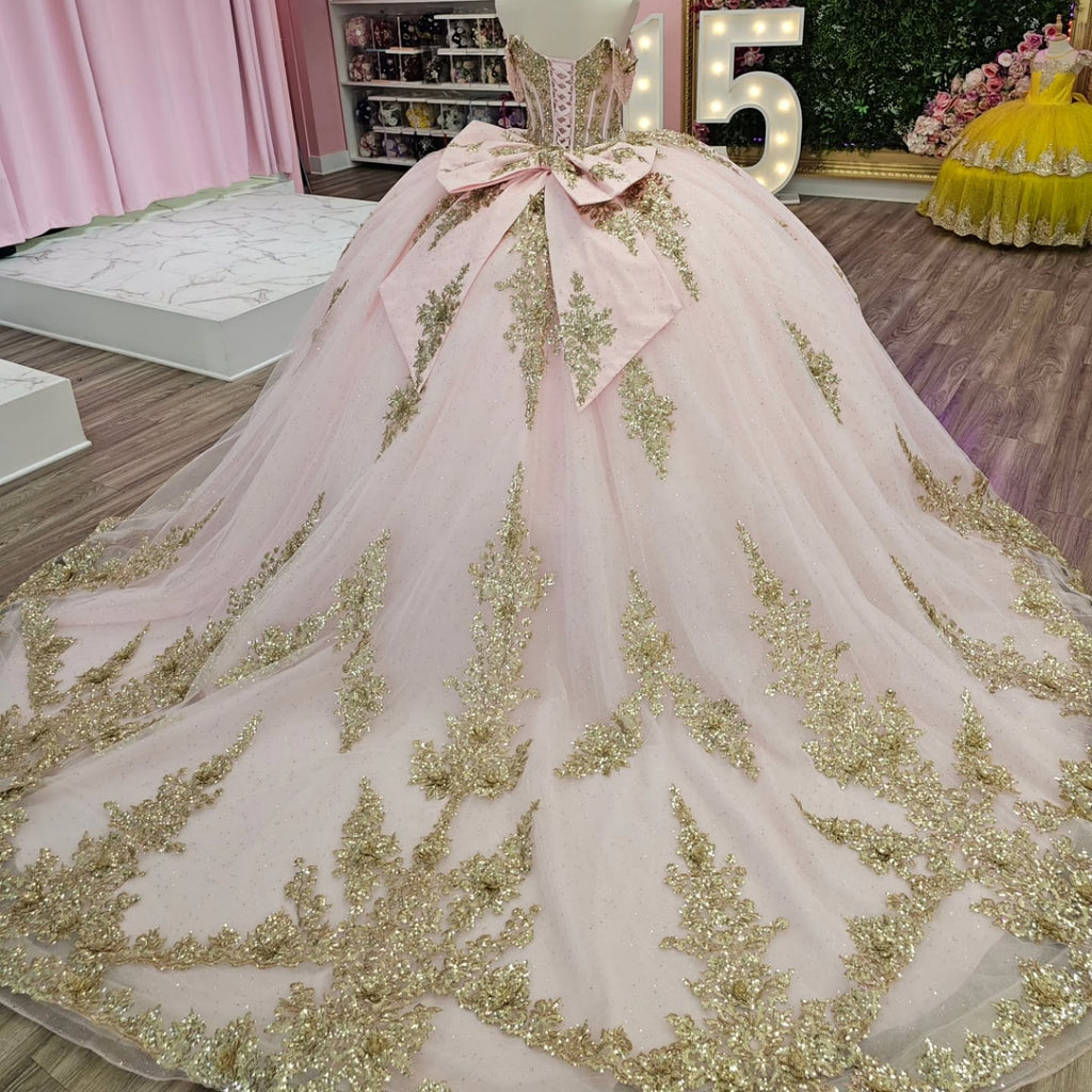 Off Shoulder Sleeveless Beaded Gold Appliques Bow Knot Pink Quinceañera Dress YQ1137