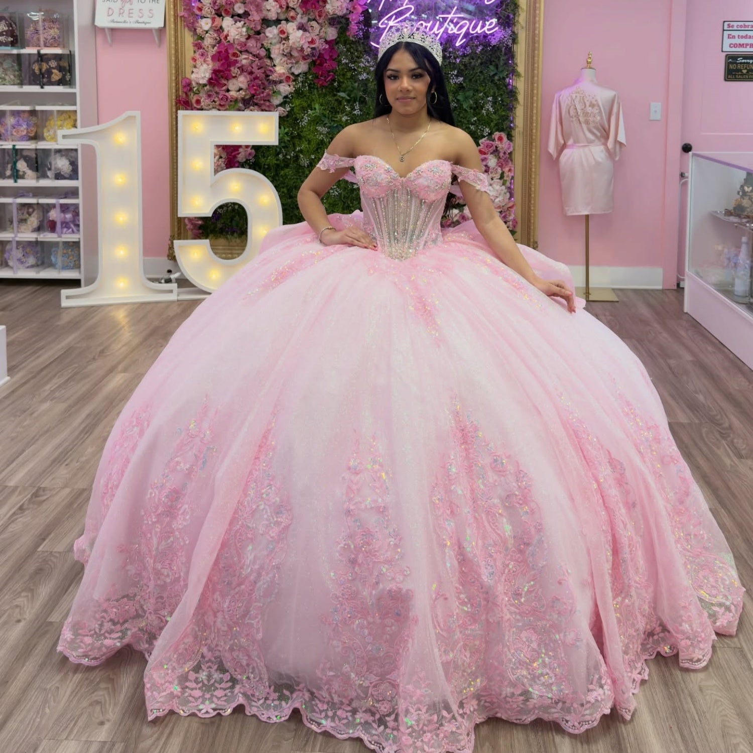 Off Shoulder Sleeveless Beaded Sequins Appliques Ruffles Bow Knot Pink Quinceañera Dress YQ1138