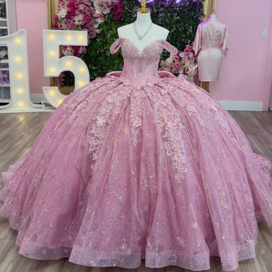 Off Shoulder Sleeveless Beaded Sequins Appliques Ruffles Bow Knot Pink Quinceañera Dress YQ1139