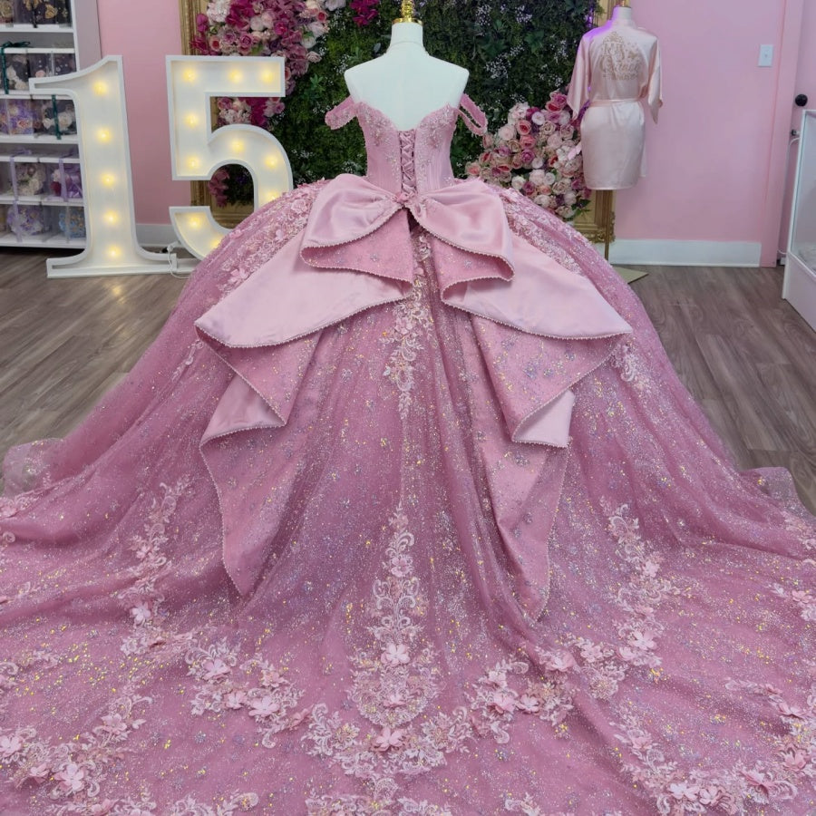 Off Shoulder Sleeveless Beaded Sequins Appliques Ruffles Bow Knot Pink Quinceañera Dress YQ1139