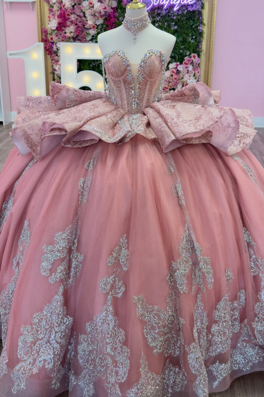 Off Shoulder Sleeveless Ruffles Beaded Sliver Appliques Pink Quinceañera Dress YQ1140