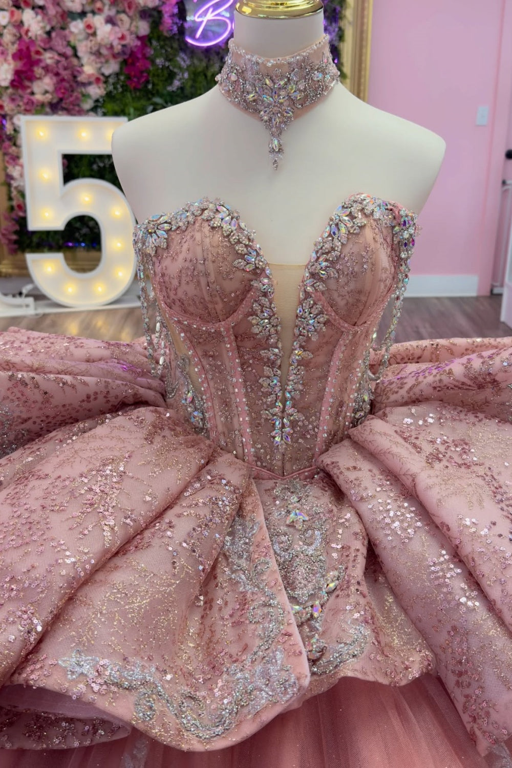 Off Shoulder Sleeveless Ruffles Beaded Sliver Appliques Pink Quinceañera Dress YQ1140