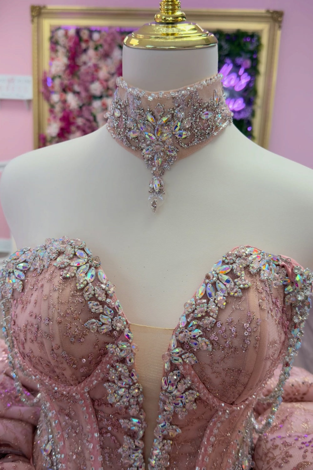 Off Shoulder Sleeveless Ruffles Beaded Sliver Appliques Pink Quinceañera Dress YQ1140